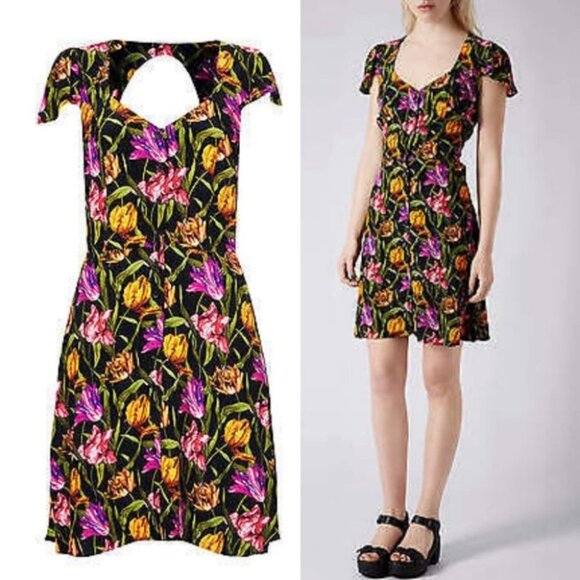 Topshop Tulip Print Tea Dress Open Back Mini Size 4 Floral Flutter Sleeve Boho - Picture 3 of 11